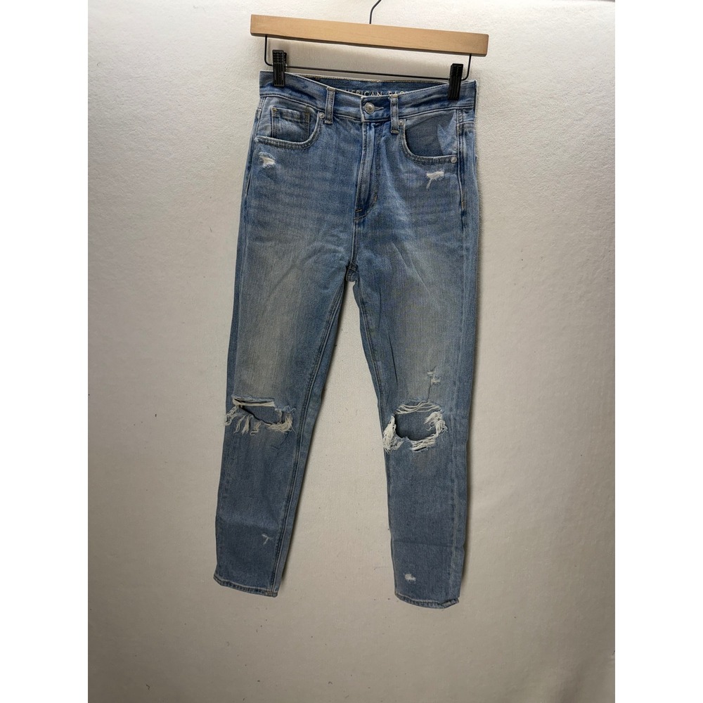 American Eagle Mom Jeans Womens 00 Short Blue Distressed High Rise 3595